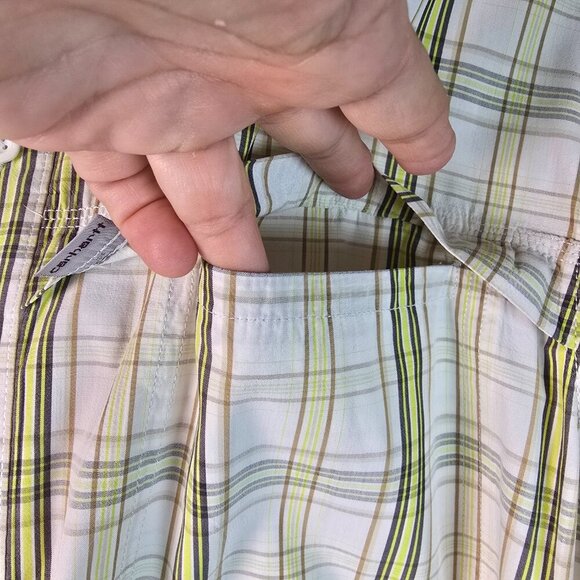 CARHARTT FORCE RELAXED FIT SHORT SLEEVE BUTTON DOWN SIZE XL WHITE GREEN YELLOW - Picture 3 of 8